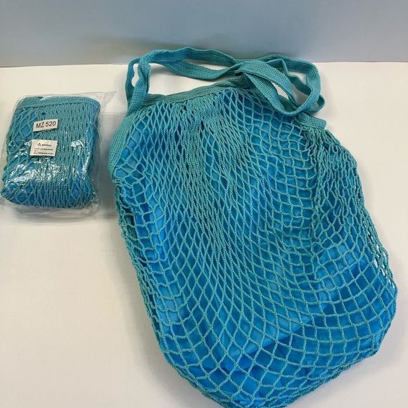 Fishnet Over Nylon Lightweight Tote- Aqua Blue- NWT - Picture 7 of 8